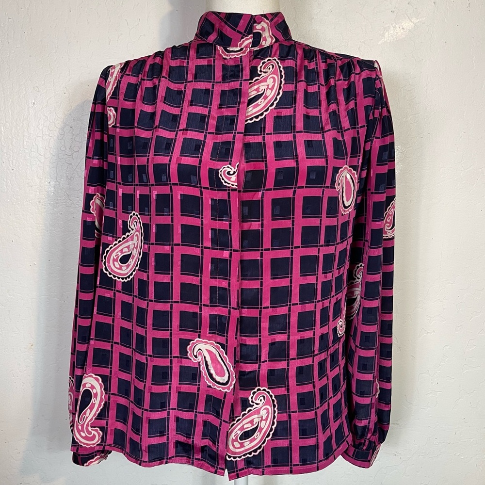 Vintage 90s Loubella Size 10 Button Down Blouse Top High Neck Pink Navy